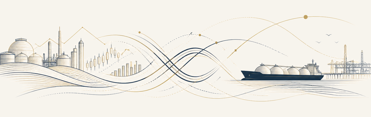 An editorial illustration of land-side infrastructure, market signals and maritime trade flows converging across the sea.