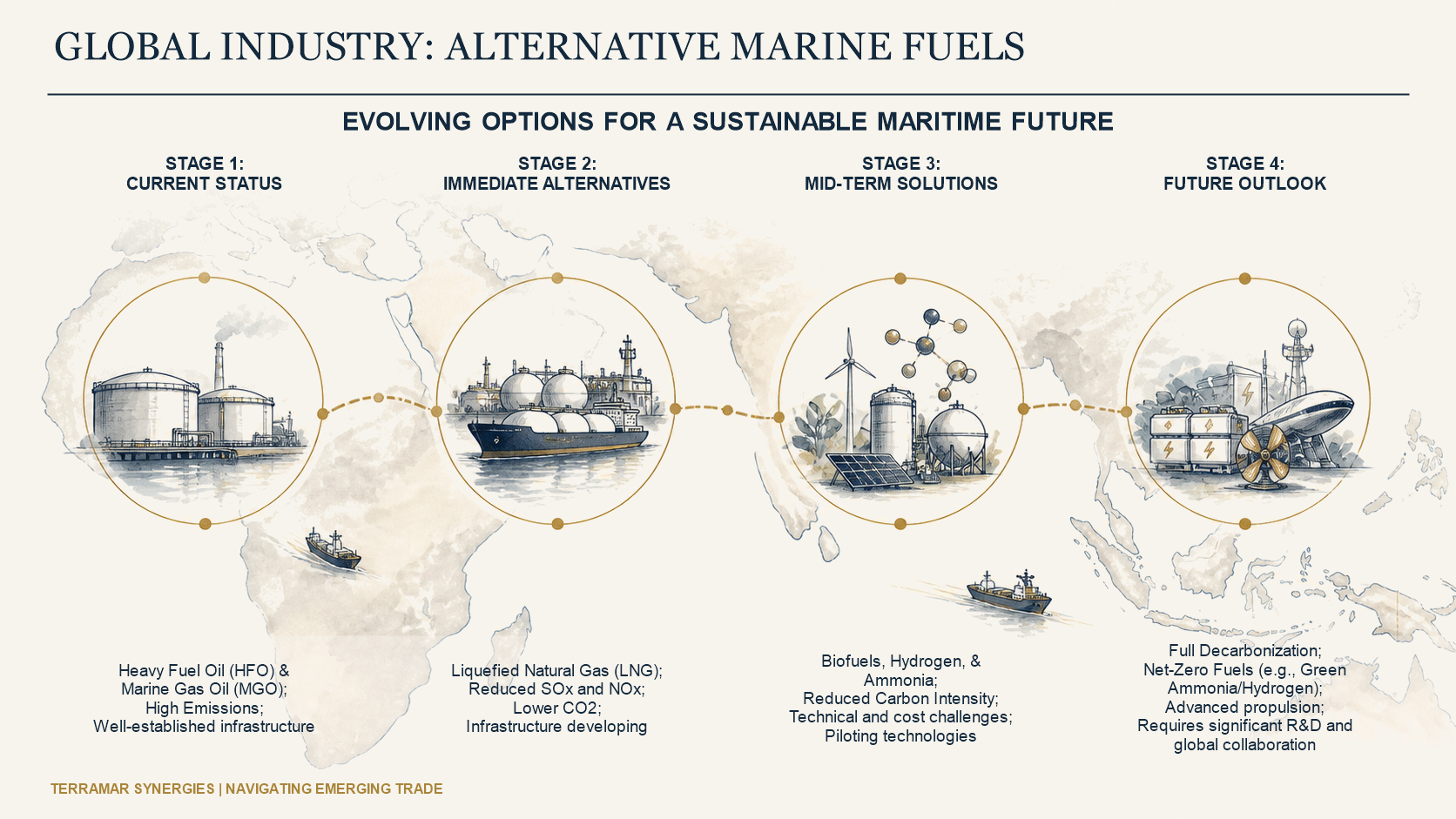An editorial illustration of evolving marine-energy trade, LNG infrastructure and emerging low-carbon commodity flows.