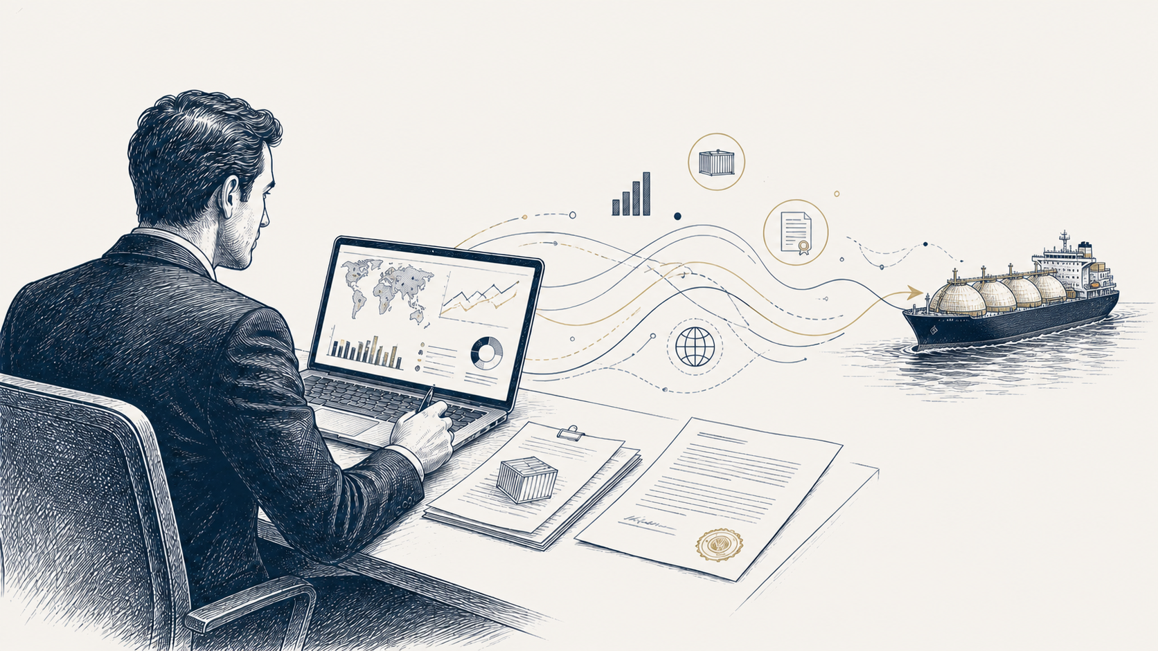 An editorial illustration of a commercial professional connecting market intelligence, documents and digital analysis to an LNG carrier.