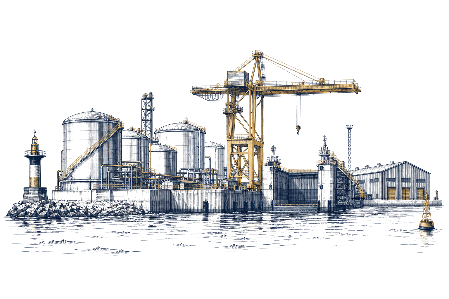 An editorial illustration of maritime infrastructure, storage assets and port-side equipment.