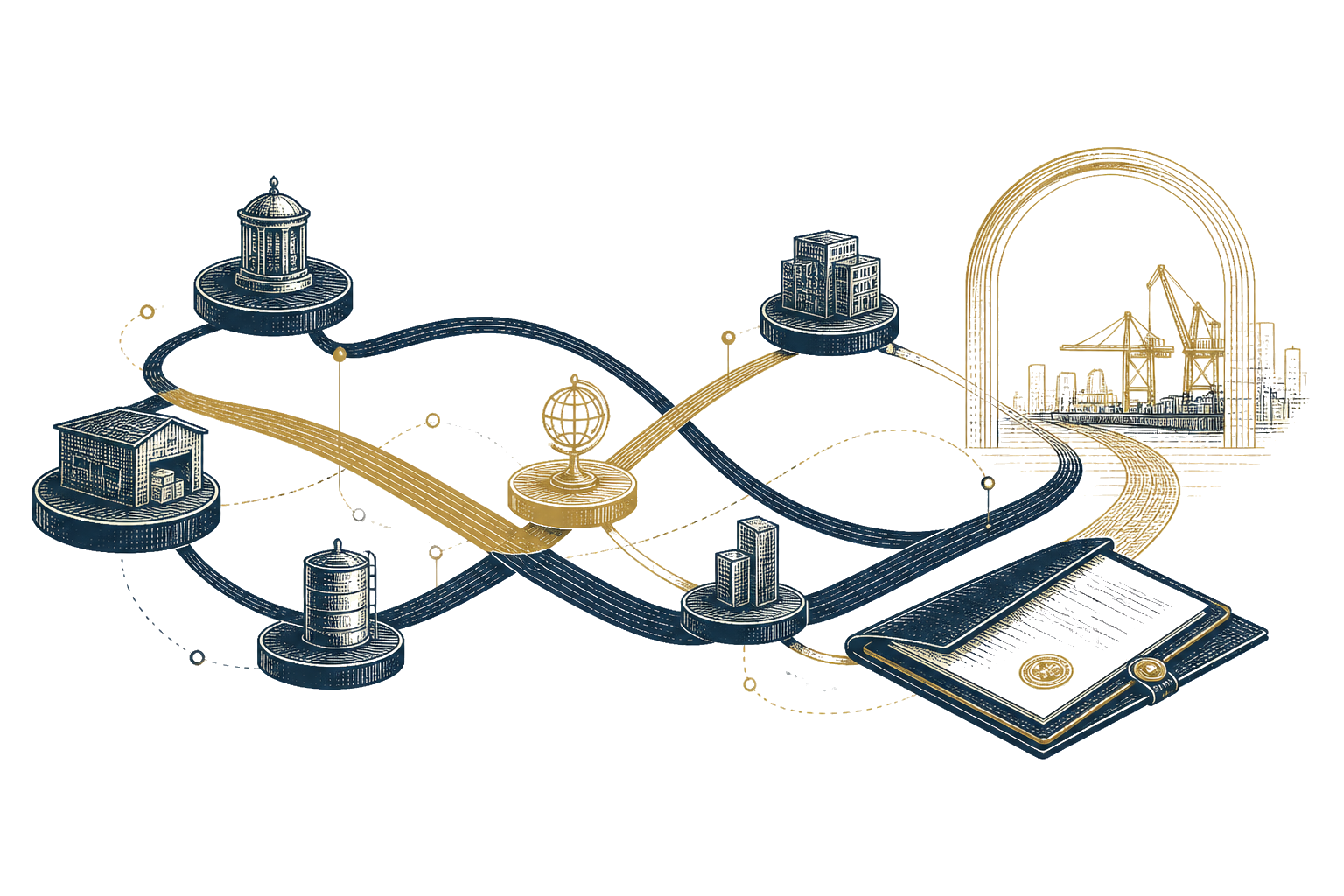 An editorial illustration of connected commercial pathways, counterparties and a contract folio.